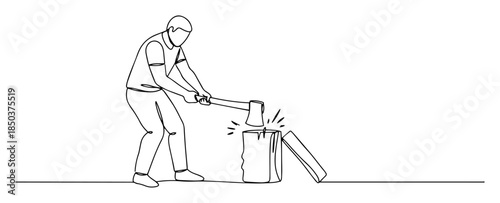 monochrome outline man splitting firewood with axe