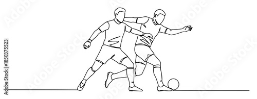 monochrome outline two soccer players tackling for ball