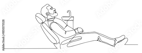 single one line drawing of man sitting in a dental chair