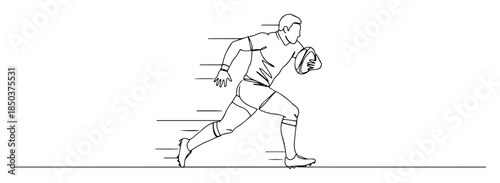 one single line drawing of rugby player running with the ball