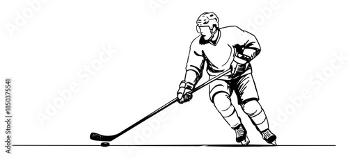 dynamic ice hockey player skating with puck line art vector illustration