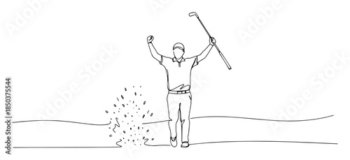 single one line drawing of a golfer celebrating a successful bunker shot