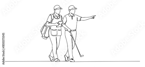 single continuous line drawing of a golfer and caddie on the course