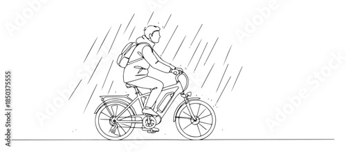 cyclist riding bicycle in rain line art vector illustration