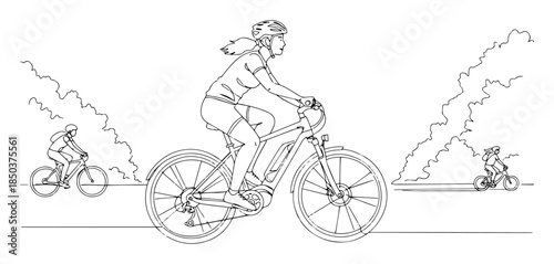 woman mountain biking through forest line art vector illustration