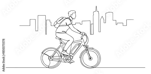 monochrome outline commuter cycling with city skyline
