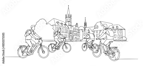 monochrome outline group cycling tour with city landmarks