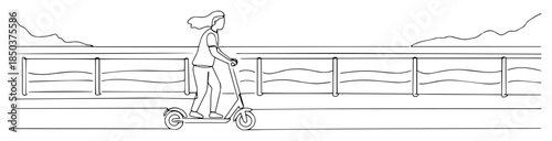 single one line drawing of woman riding an electric scooter