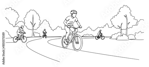one continuous line drawing of family riding bicycles in park