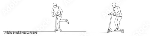 one continuous line drawing of man riding a kick scooter