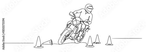 single one line drawing of motorcyclist practicing on slalom course