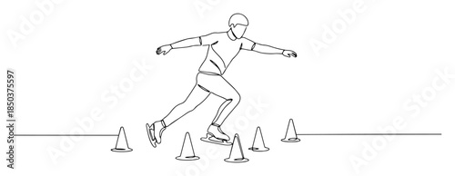 one single line drawing of ice skater practicing slalom with cones