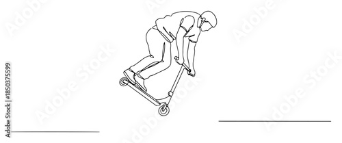 single one line drawing of freestyle scooter rider in action