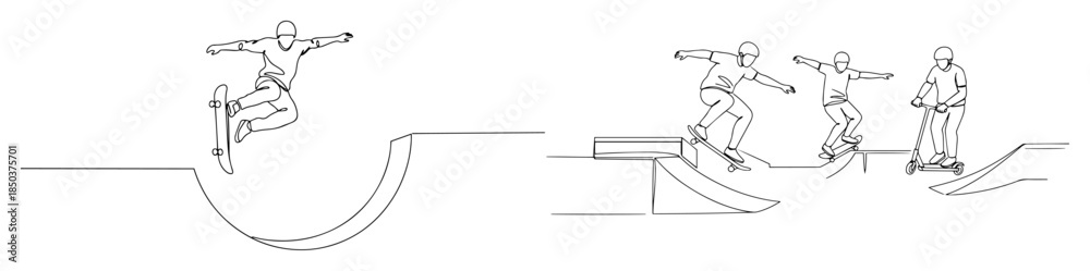 Obraz premium skatepark riders performing tricks on ramps outline vector