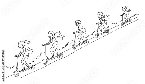single one line drawing of a group of children riding kick scooters up a hill