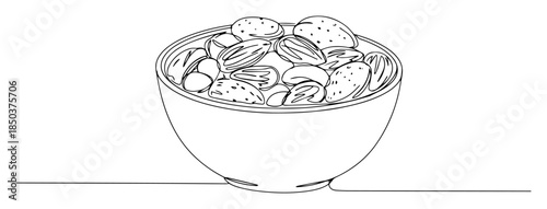 one single continuous line drawing of a bowl of mixed nuts