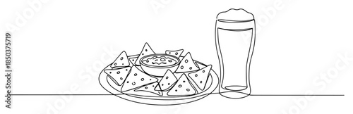 single continuous line drawing of nachos with dip and a glass of beer