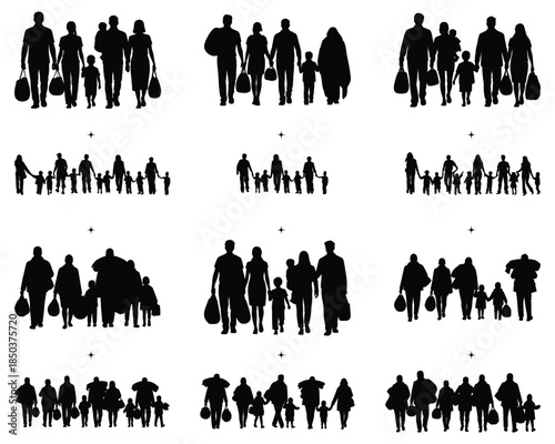 Walking Refugees Silhouette Set