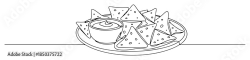 one single line drawing of a plate of nachos with dipping sauce