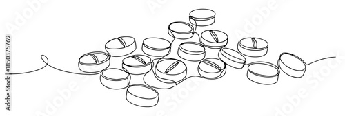 Heap of round medical pills drawn as a single continuous line illustration