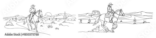 Panoramic continuous line drawing of cowboys riding horses in a desert
