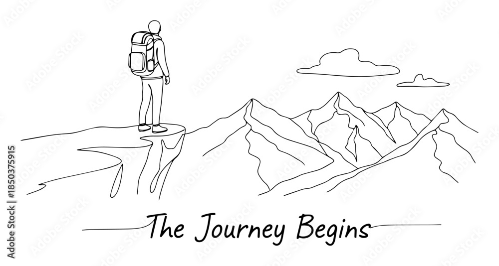 Naklejka premium Hiker with backpack standing on cliff with journey begins text