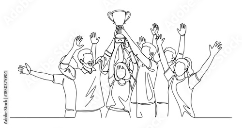 Winning team celebrating victory with trophy in continuous line art