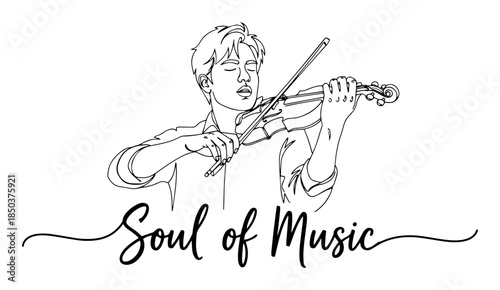 Continuous line drawing of a man playing violin with Soul of Music text