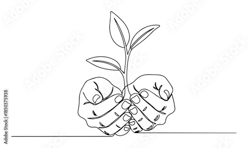 Hands holding growing plant sprout drawn in one continuous line style
