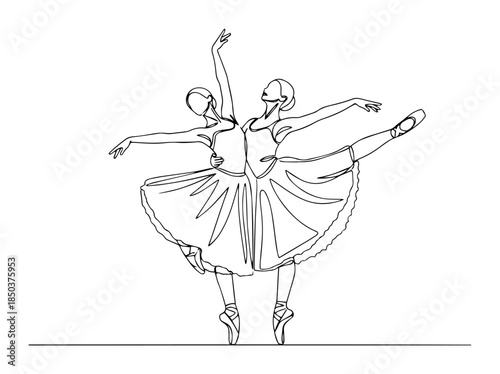 Continuous line drawing of two ballerinas performing a dance
