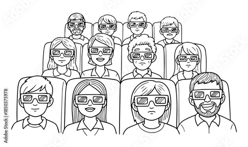Minimalist vector drawing of a cinema audience wearing 3d glasses