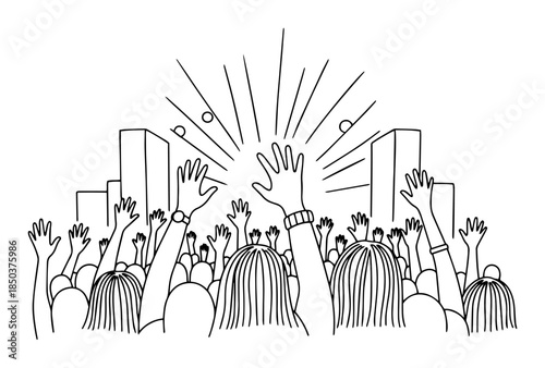 Crowd of people raising hands at music concert in line art