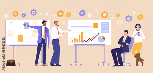 A professional businessman standing beside a presentation screen and speaking, representing a  business report, knowledge sharing, and professional communication in a corporate environment.