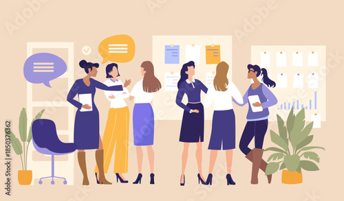 A group of professional women engaged in conversation in an office environment, representing teamwork, communication, female leadership, collaboration, and modern workplace diversity.