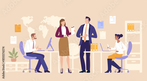 Vector illustration showing business professionals working together in an office environment, holding a meeting and collaborating on ideas, symbol of teamwork, communication, and corporate culture