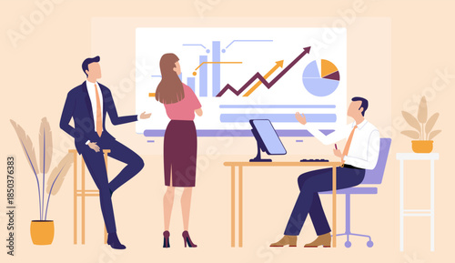 Vector illustration showing business professionals working together in an office environment, holding a meeting and collaborating on ideas, symbol of teamwork, communication, and corporate culture