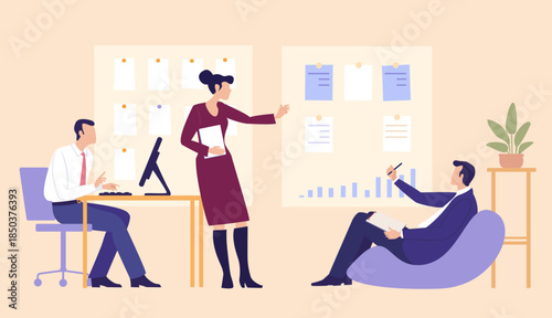 Vector illustration showing business professionals communicating in an office environment, holding a meeting and collaborating on ideas, symbol of teamwork, and corporate culture