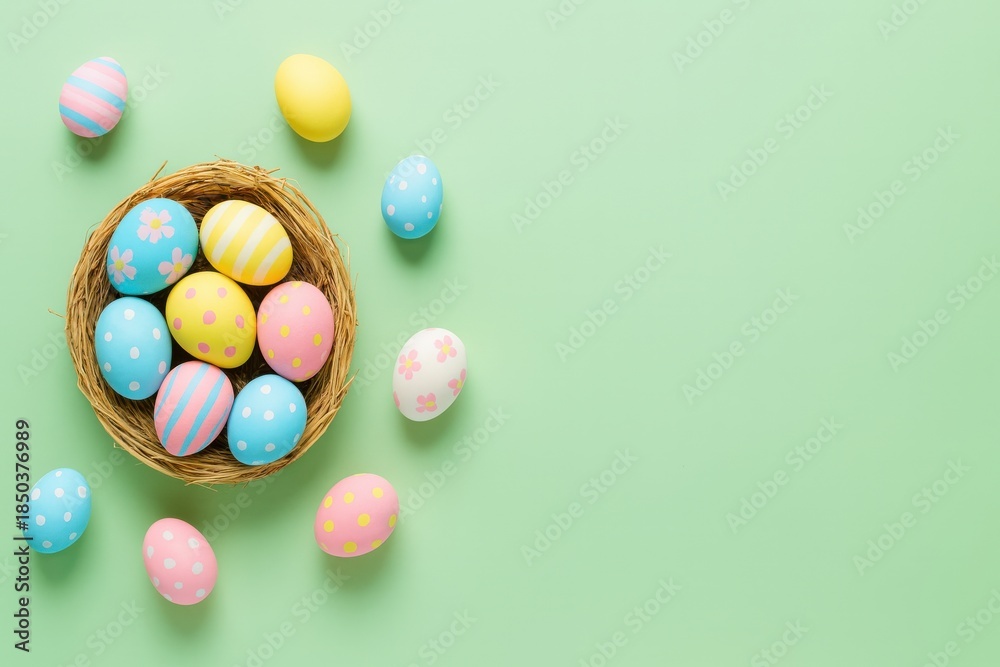 Obraz premium Pastel Easter eggs arranged in basket on light green background, spring holiday composition with empty space for text, easter mockup design, seasonal content, editorial use, digital, social media.