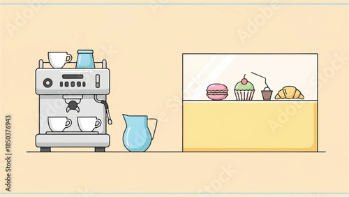 A coffee machine and pitcher beside a bakery case with treats, viewed from the front in a simple, flat illustration