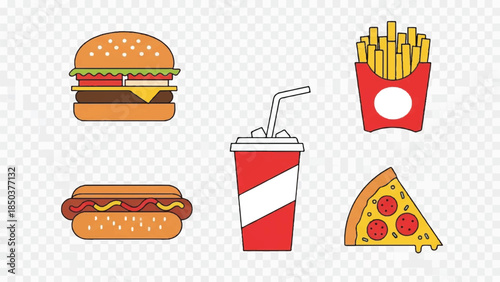 Assorted fast food items including burgers, fries, soda, and pizza slice on a transparent background from a direct viewpoint