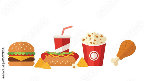 Assorted fast food items including burgers, fried chicken, and snacks on a clean white background