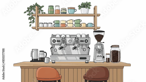 A modern coffee shop countertop with a coffee machine and various coffee-making equipment from a straight-on viewpoint