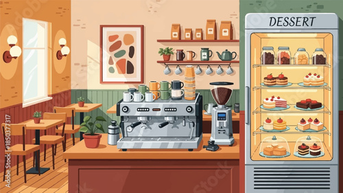 Cozy Coffee Shop Interior with Dessert Display and Coffee Machine on Counter