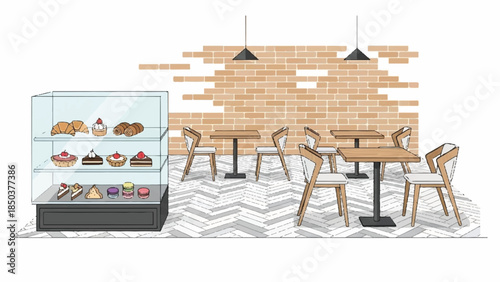 Modern café interior illustration featuring wooden tables and chairs, display case, and brick wall