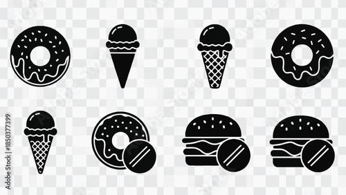 Assorted dessert icons including donuts and ice cream in various designs viewed from directly above.