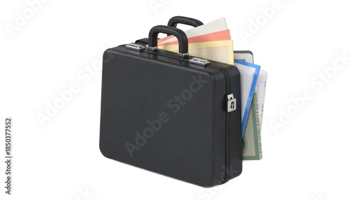 A Black Briefcase Full of Documents, Cash, and Cards: Business and Finance Concept