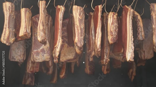 Homemade Bacon in Smoke, Traditional Pork Curing Process