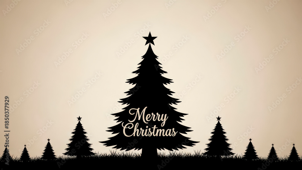 Obraz premium Merry Christmas greeting card with black tree silhouette and star