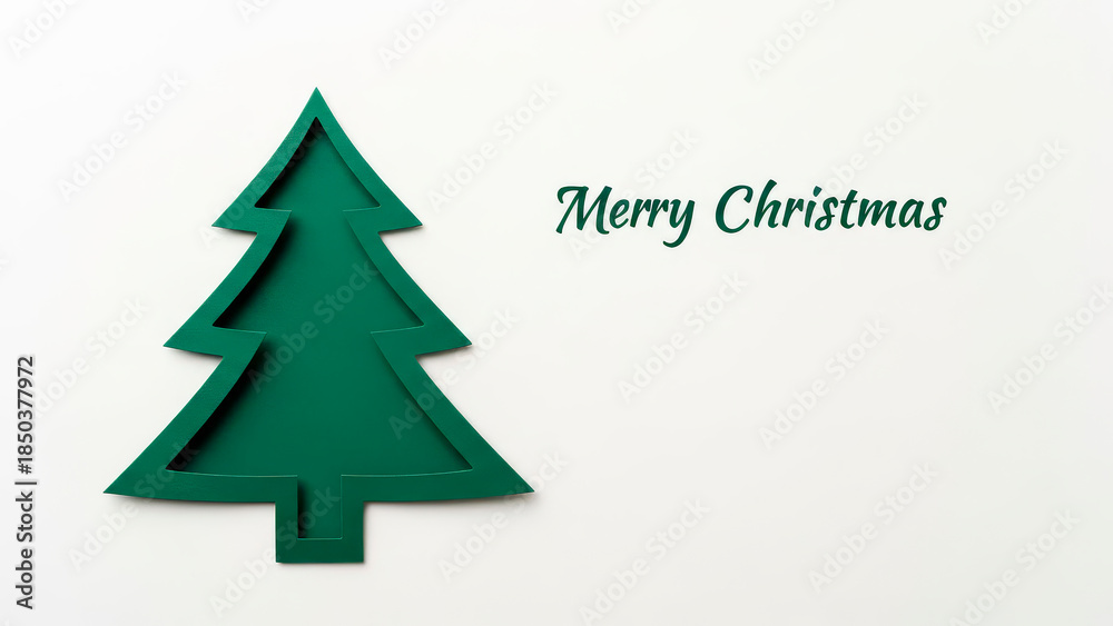 Fototapeta premium Minimalist green Christmas tree cutout with Merry Christmas greeting