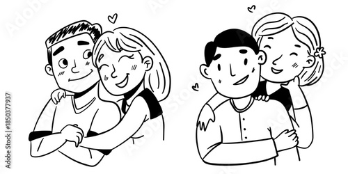 Hand-drawn illustration of two loving couples in a funny, playful style. Cute romantic characters with expressive emotions, perfect for Valentine’s Day designs